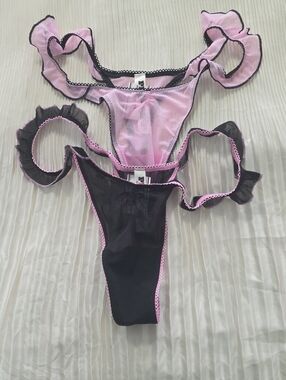 PINK Victoria's Secret Pink and Black Sheer Ruffle Thong Set